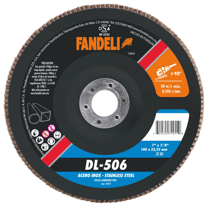 DISCO FANDELI LAMINADO DL-506/72957 DE 7" Z-80 INOX 180x22.2mm (2732) (DESC)