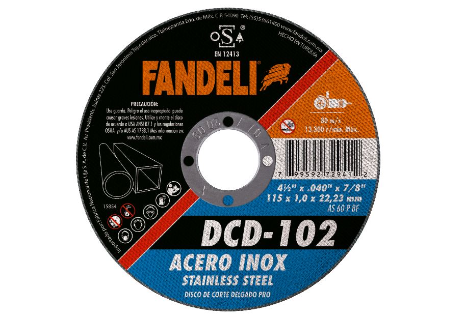 DISCO FANDELI DCD-102/72941 DE 4 1/2" PLANO CORTE INOX 115x1.0x22.2mm (750)