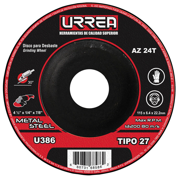 DISCO URREA U386 (SP25) 4-1/2x1/4 METAL T/27 USO MEGA PESADO